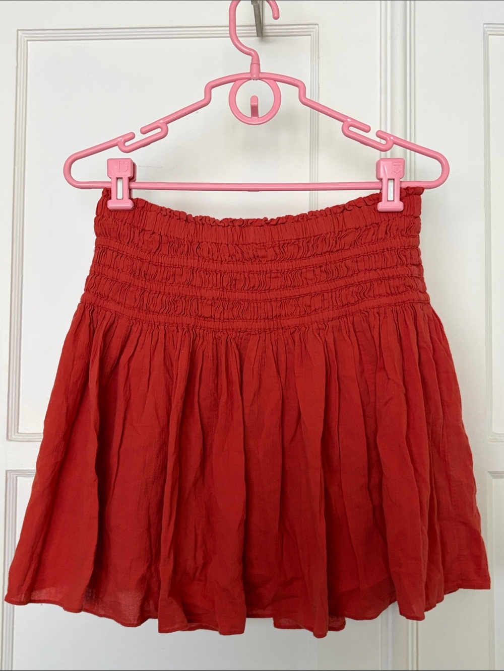 Madewell Red Smocked-Waist Circle Mini Skirt